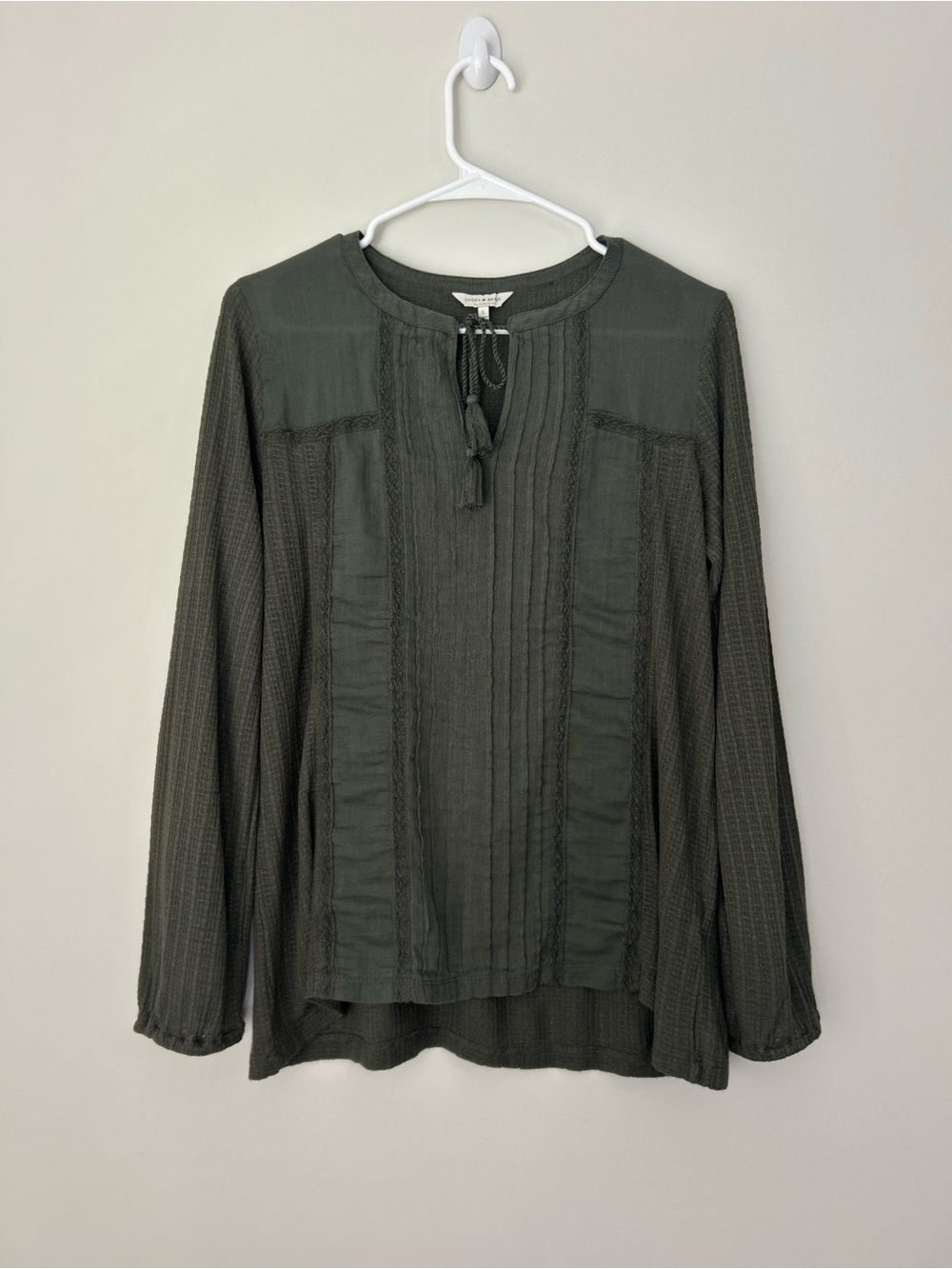 Lucky Brand Womens Olive Green Embroidered Peasant Blouse Tie Neck Boho Large